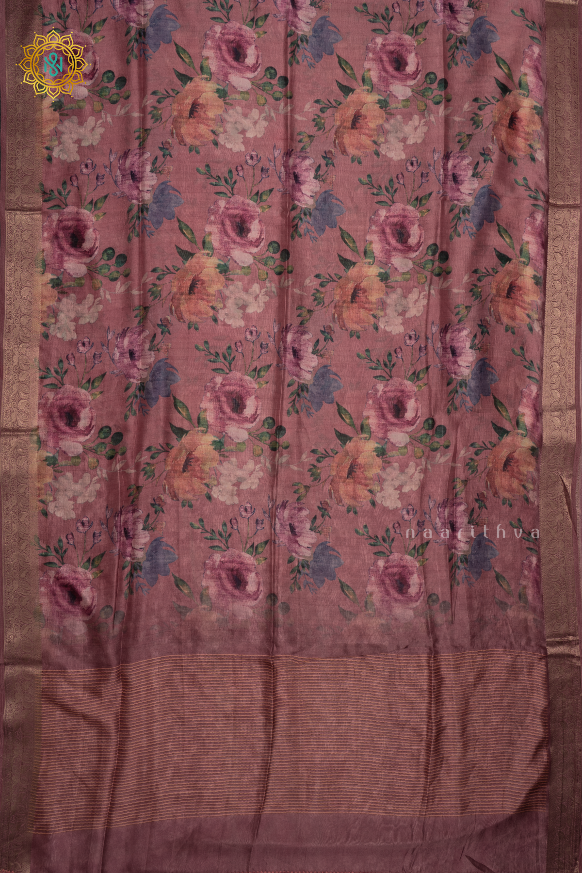 Pinkish Lavender Organza Crepe Saree With Floral Prints On The Body And Zari Border
