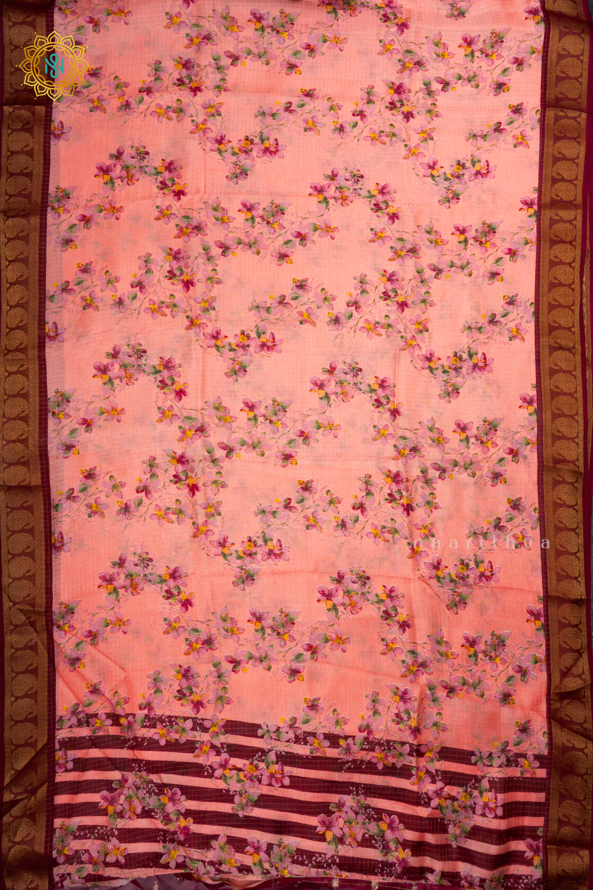 PEACHISH PINK WITH MAROON - SEMI CHIFFON GEORGETTE