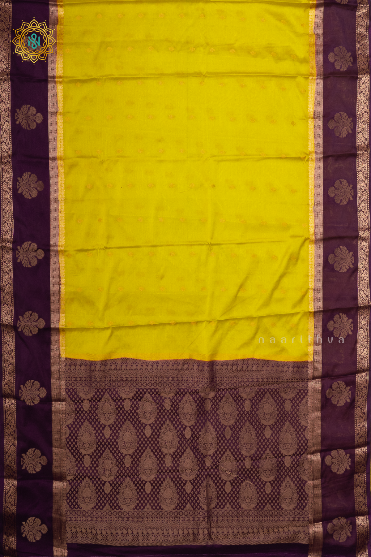 LEMON YELLOW WITH PURPLE - SEMI MYSORE CREPE SILK