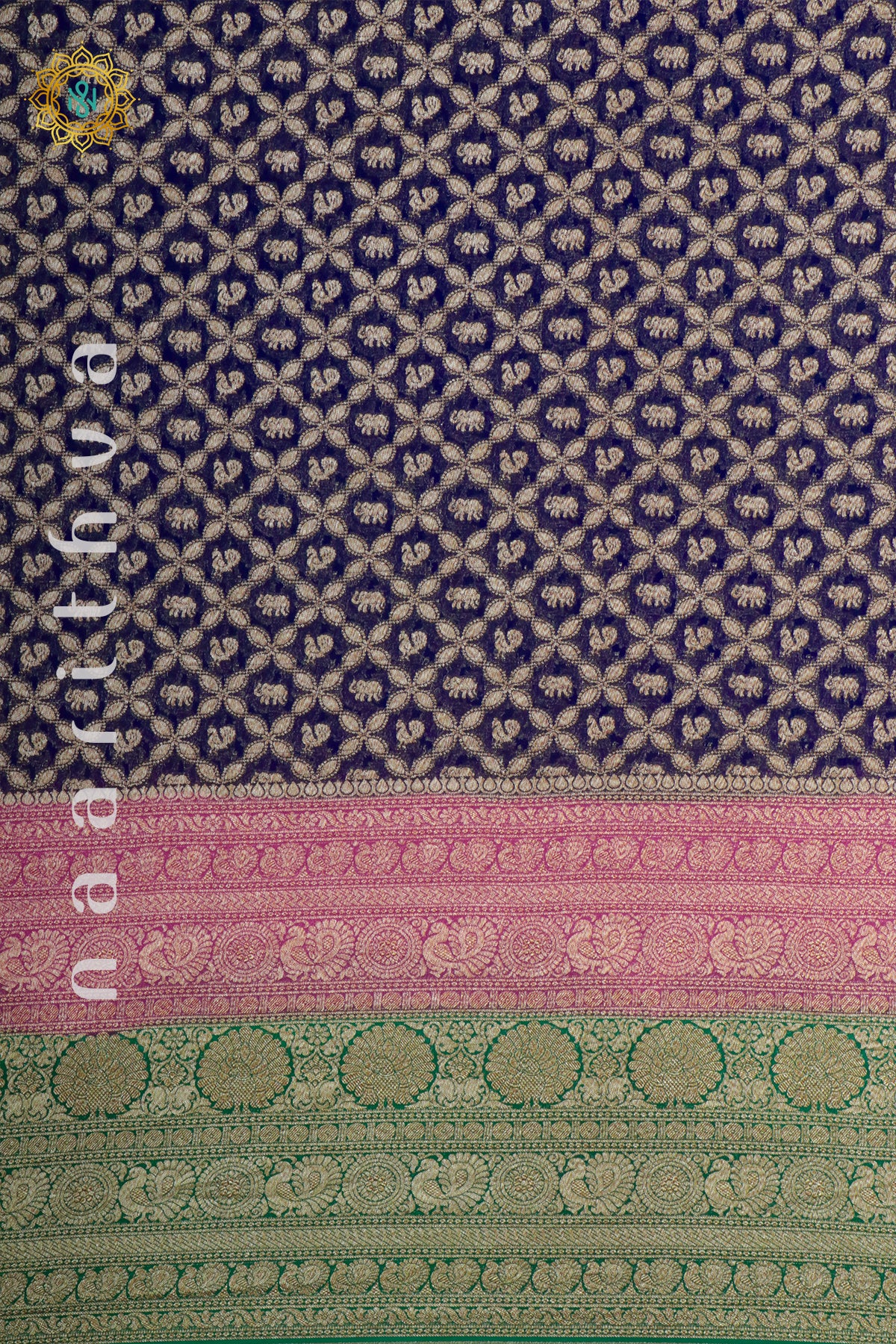 NAVY BLUE WITH PINK & GREEN - PURE BANARASI KHADDI GEORGETTE