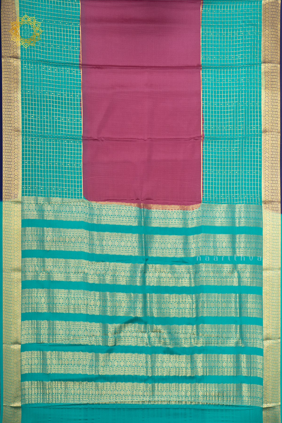 PINKISH LAVENDER WITH AQUA GREEN & BLUE - PURE MYSORE CREPE SILK
