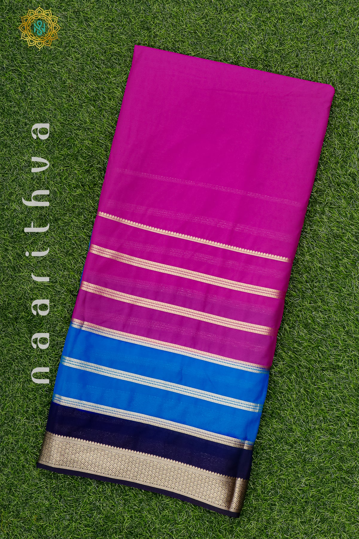 PINK WITH SKY BLUE & NAVY BLUE - SEMI MYSORE CREPE SILK
