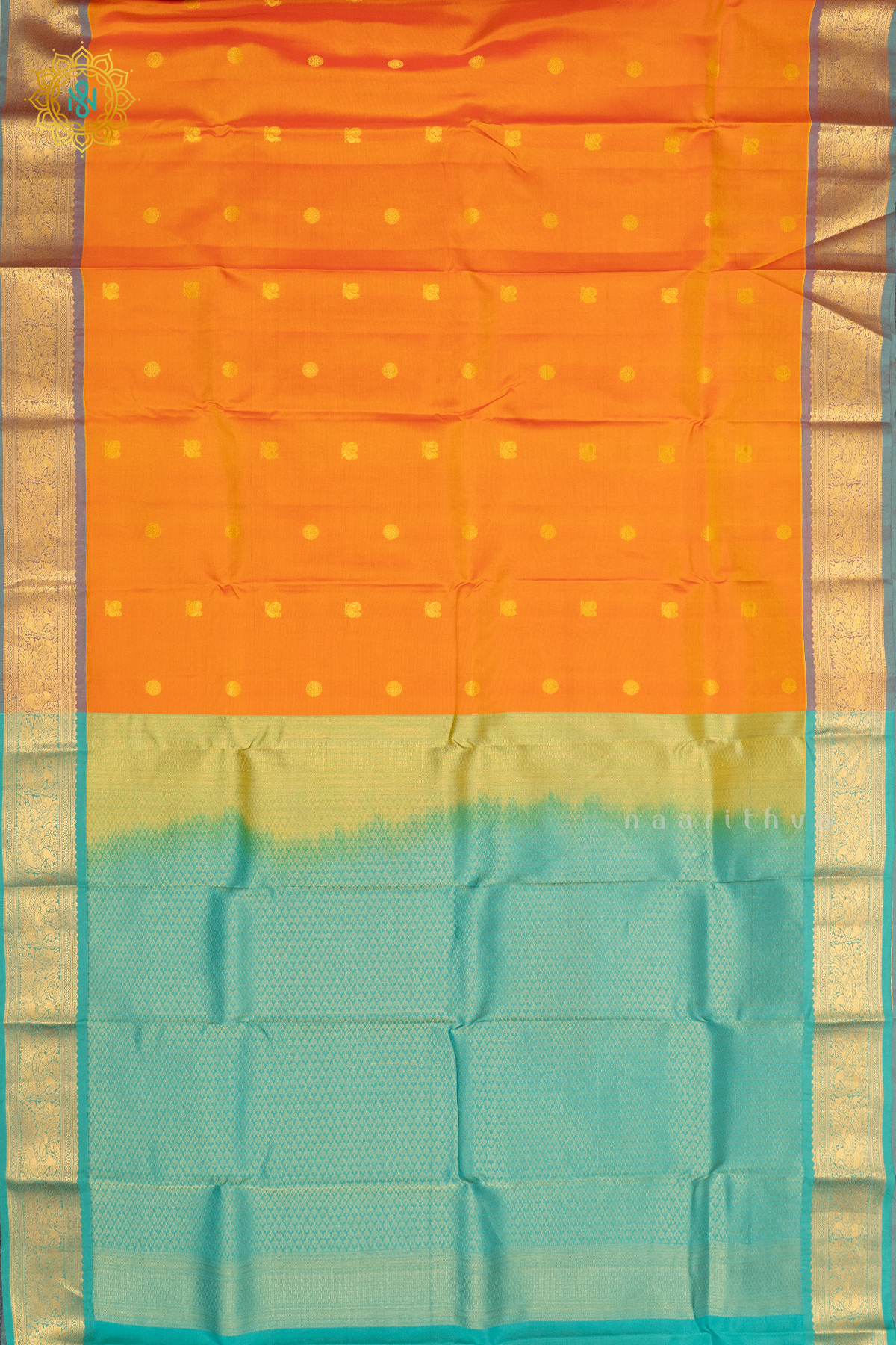 ORANGE WITH AQUA GREEN - KANJIVARAM PURE MIX