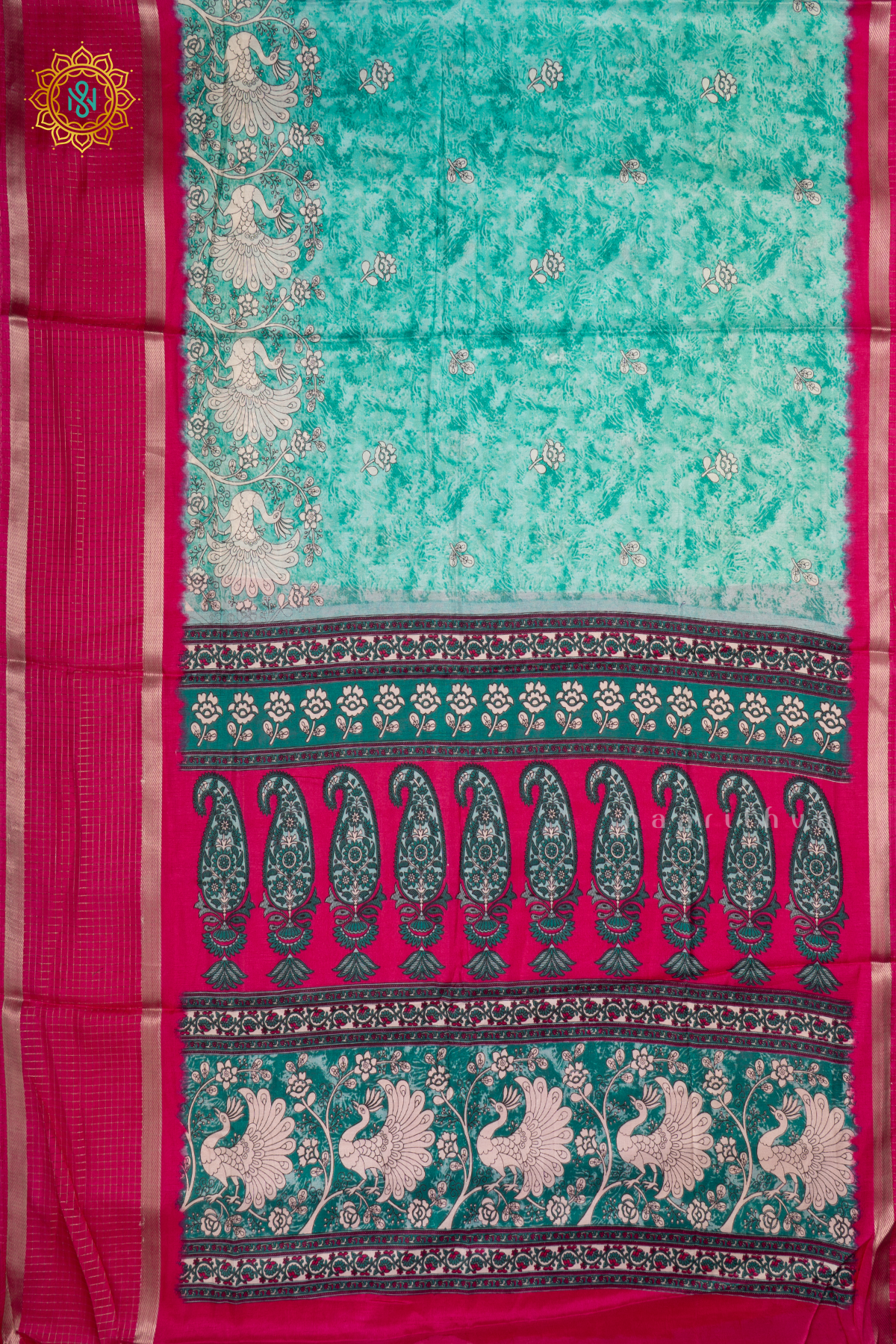 Aqua Blue With Rani Pink Dola Silk Saree With Printed Body And Contrast Zari Checks Border
