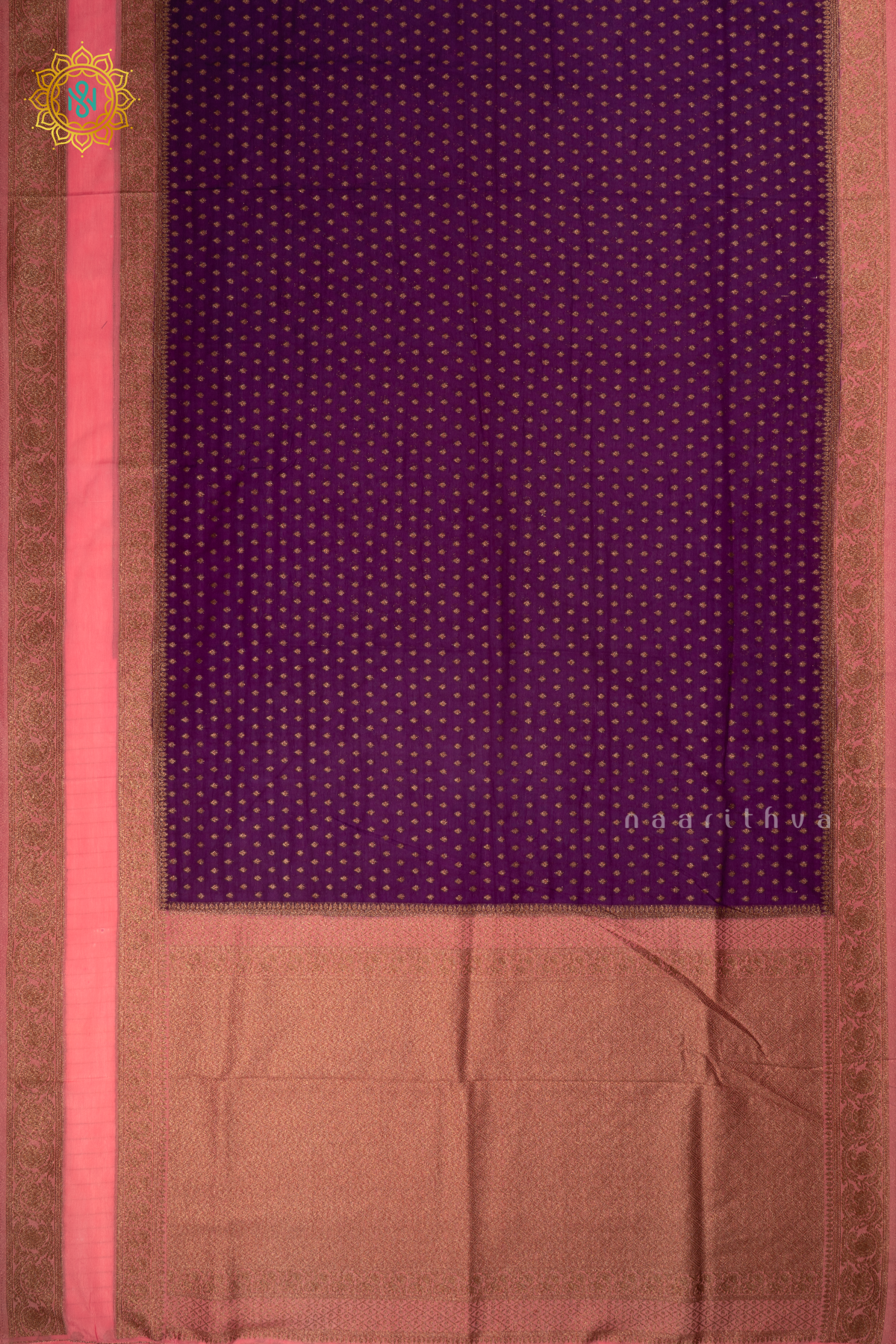 Purple With Peachish Pink Semi Georgette Saree With Zari Buttas All Over And Contrast Zari Gap Border