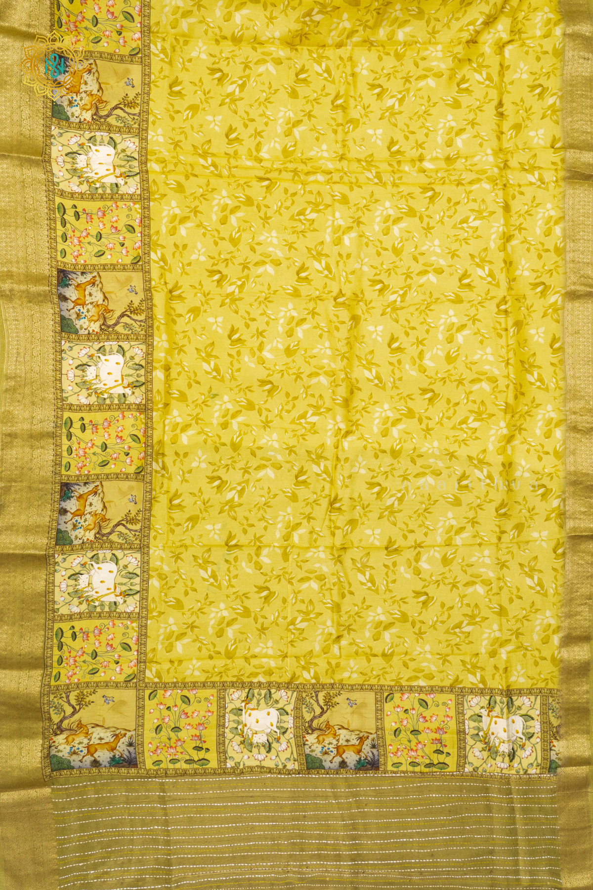 Yellow Semi Crepe Silk Saree With Printed Body And Pichwai Zari Border