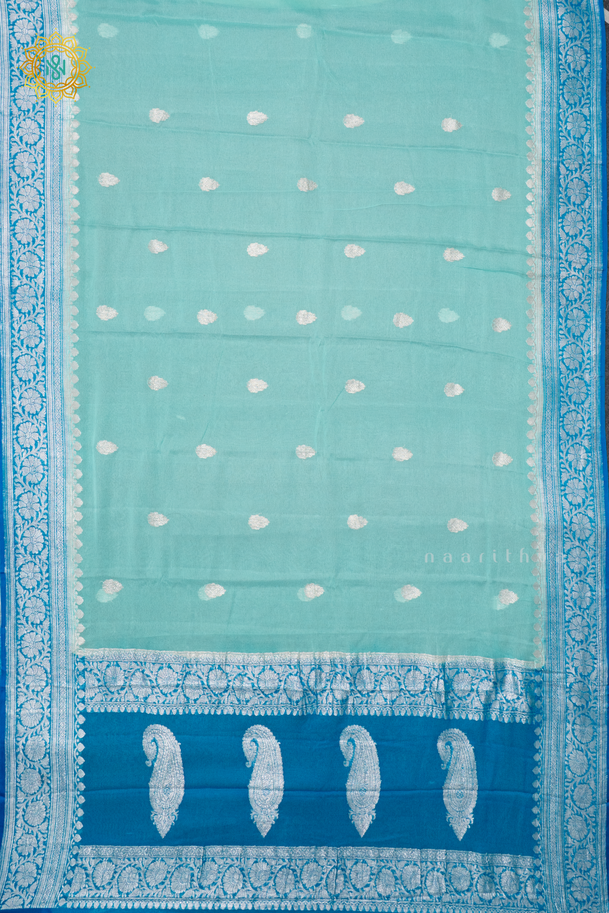 AQUA BLUE WITH SKY BLUE - PURE BANARASI CHIFFON