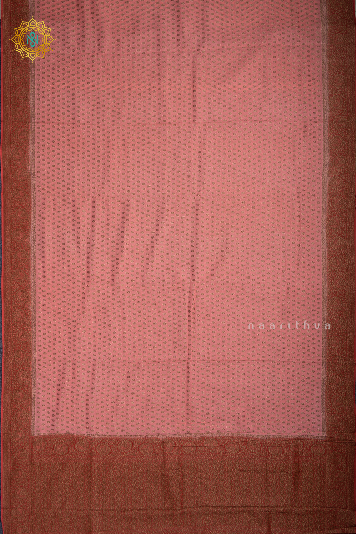 Dark Peach With Red Semi Banarasi Georgette Saree Allover Zari Buttas On The Body With Contrast Zari Border & Pallu