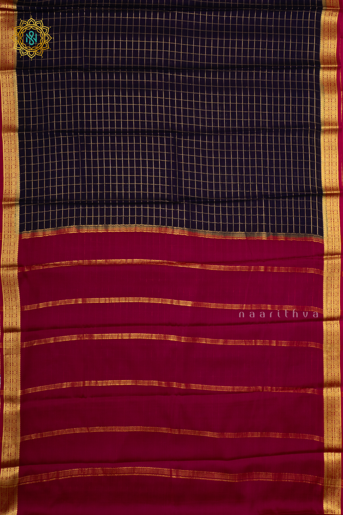 NAVY BLUE WITH PINK - PURE MYSORE CREPE SILK
