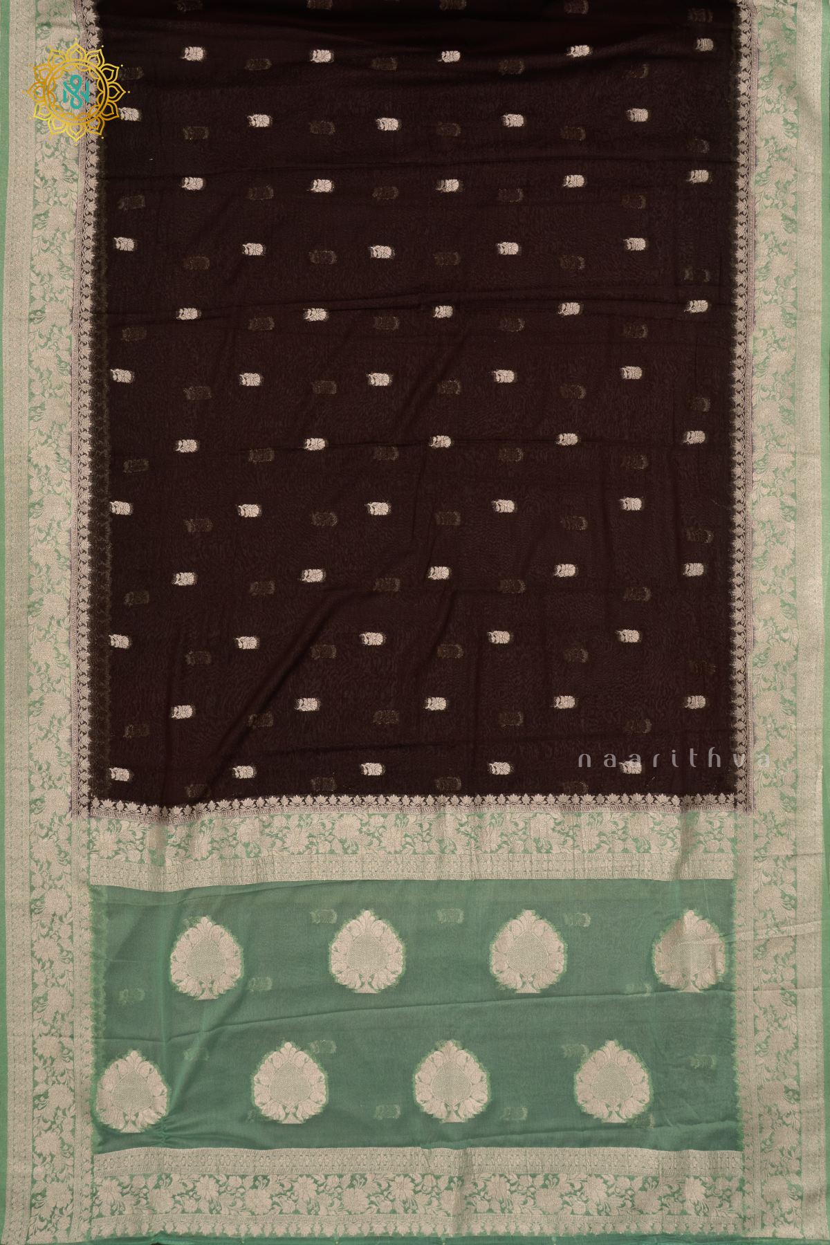 BROWN WITH PISTA GREEN - SEMI CHIFFON BANARASI