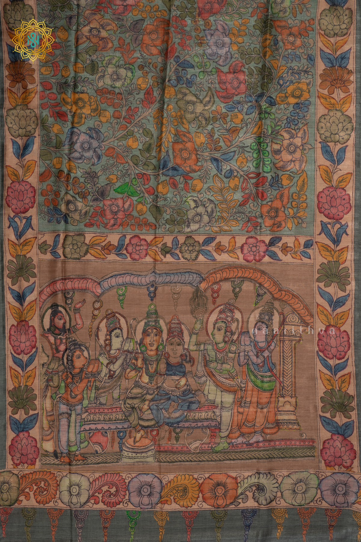 Green With Beige - Semi Gicha Tussar Saree Allover Kalamkari Printed Body With Pallu And Blouse
