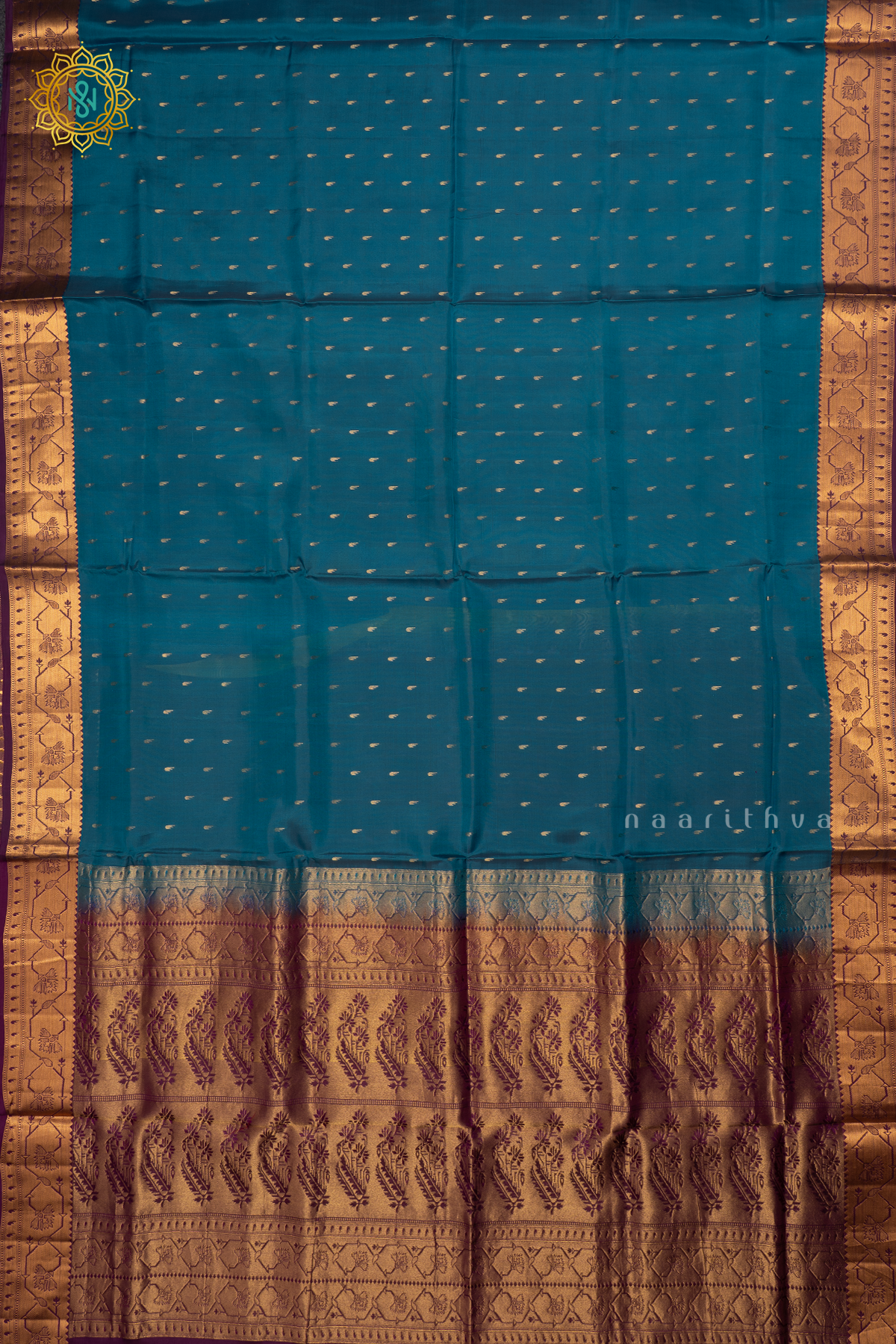 Blue with Purple Pure Mix Kanjivaram Soft Silk Saree with All-Over Zari Buttas and a Contrast Zari Border