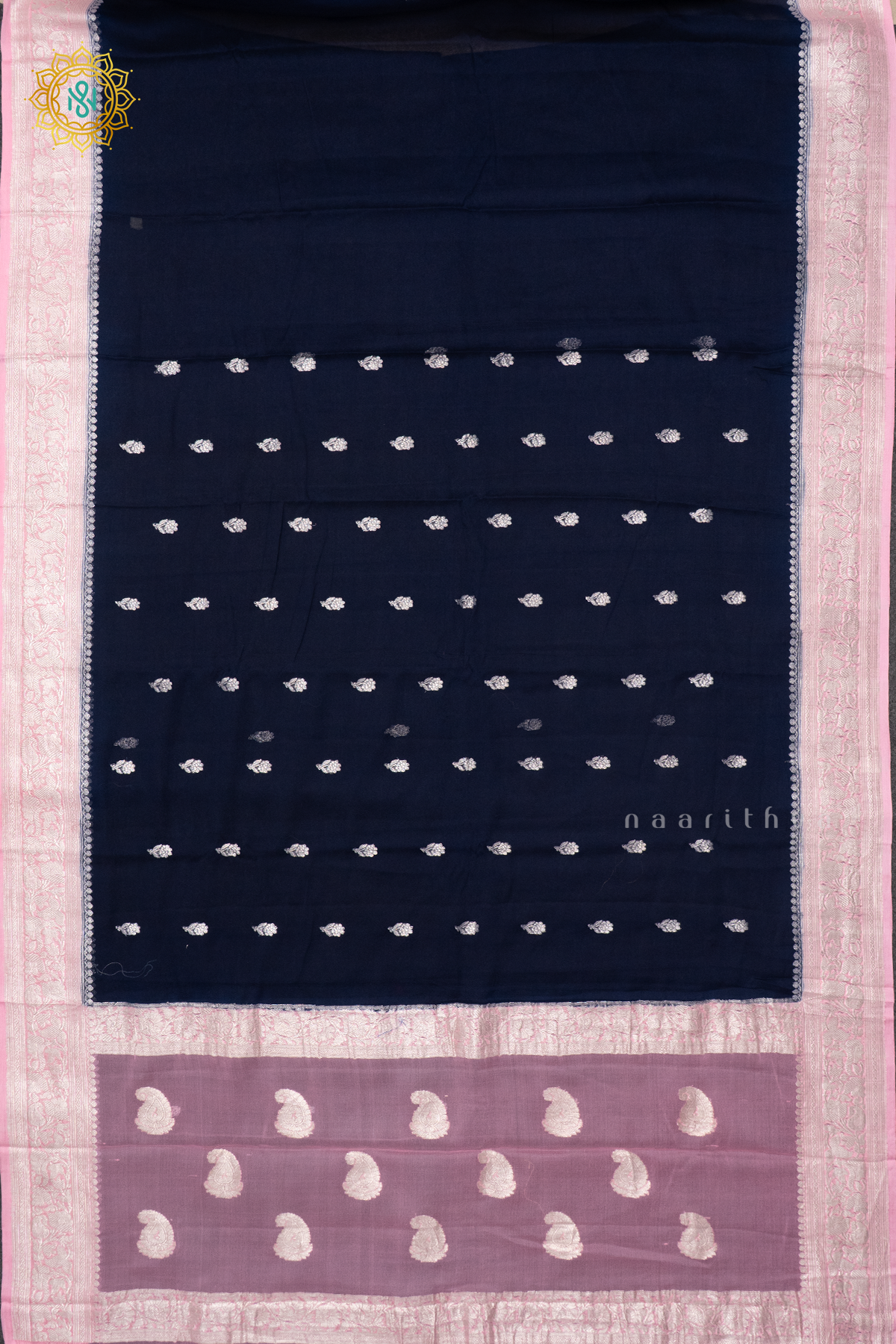 NAVY BLUE WITH LIGHT PINK - PURE BANARASI CHIFFON