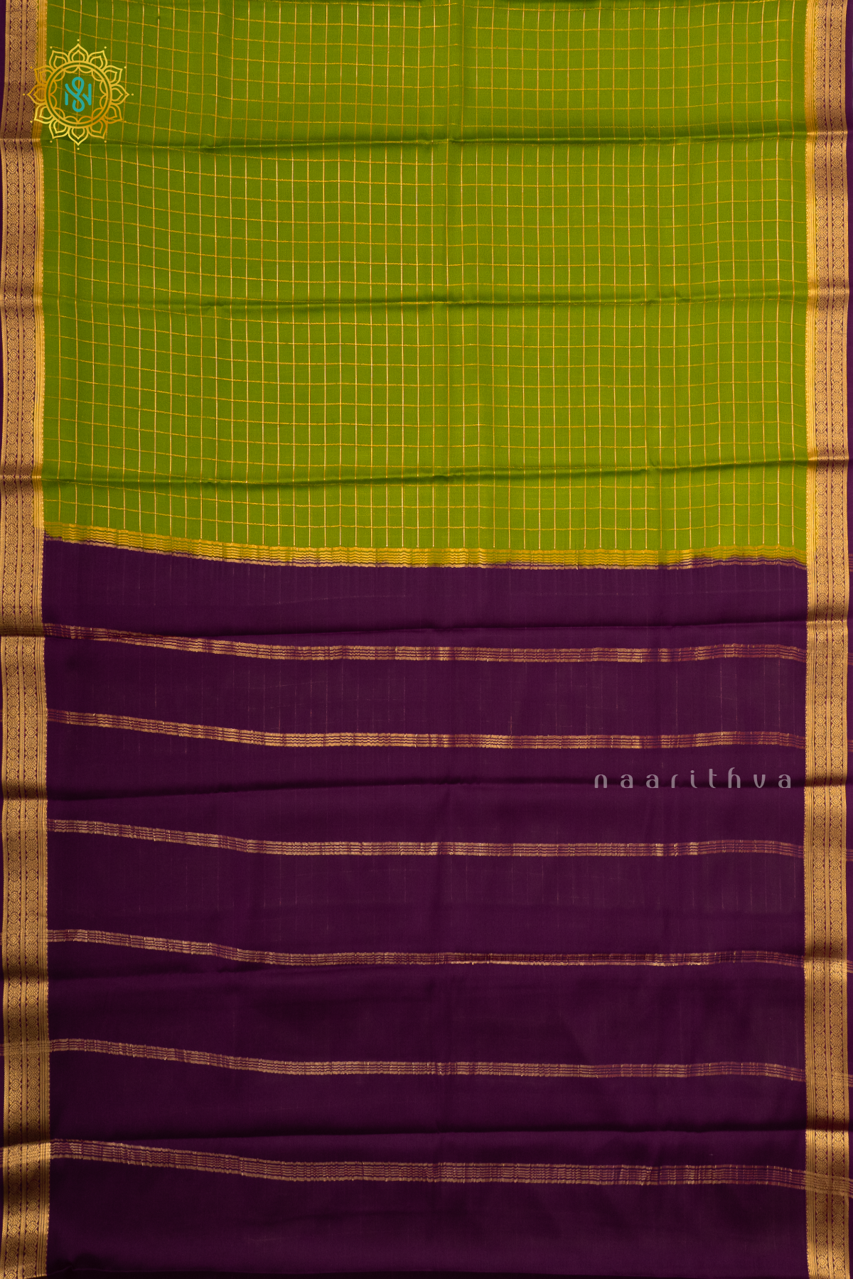 PARROT GREEN WITH PURPLE - PURE MYSORE CREPE SILK