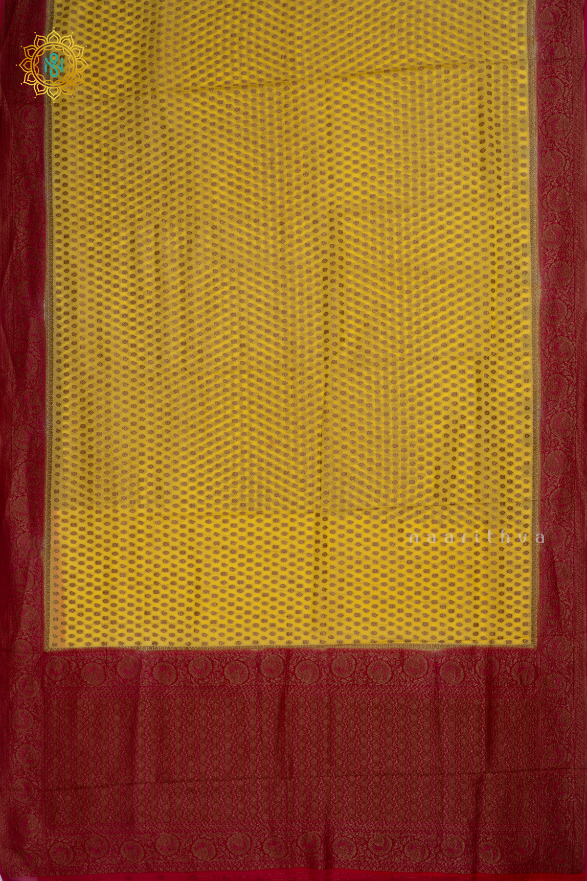 Yellow With Pink Semi Banarasi Georgette Saree Allover Zari Buttas On The Body With Contrast Zari Border & Pallu