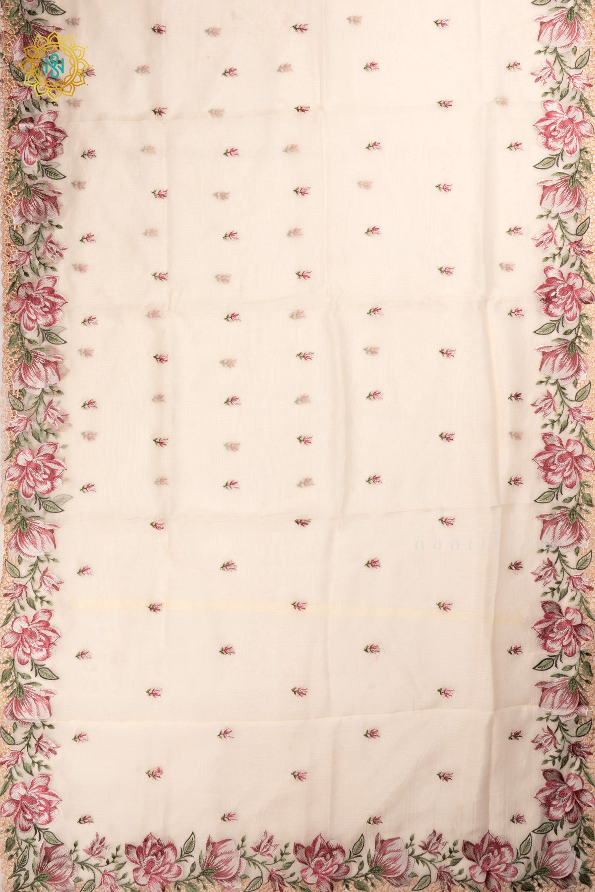 Off White Tissue Organza Saree All Over Embroidery Buttas with Cutwork and Embroidery Border