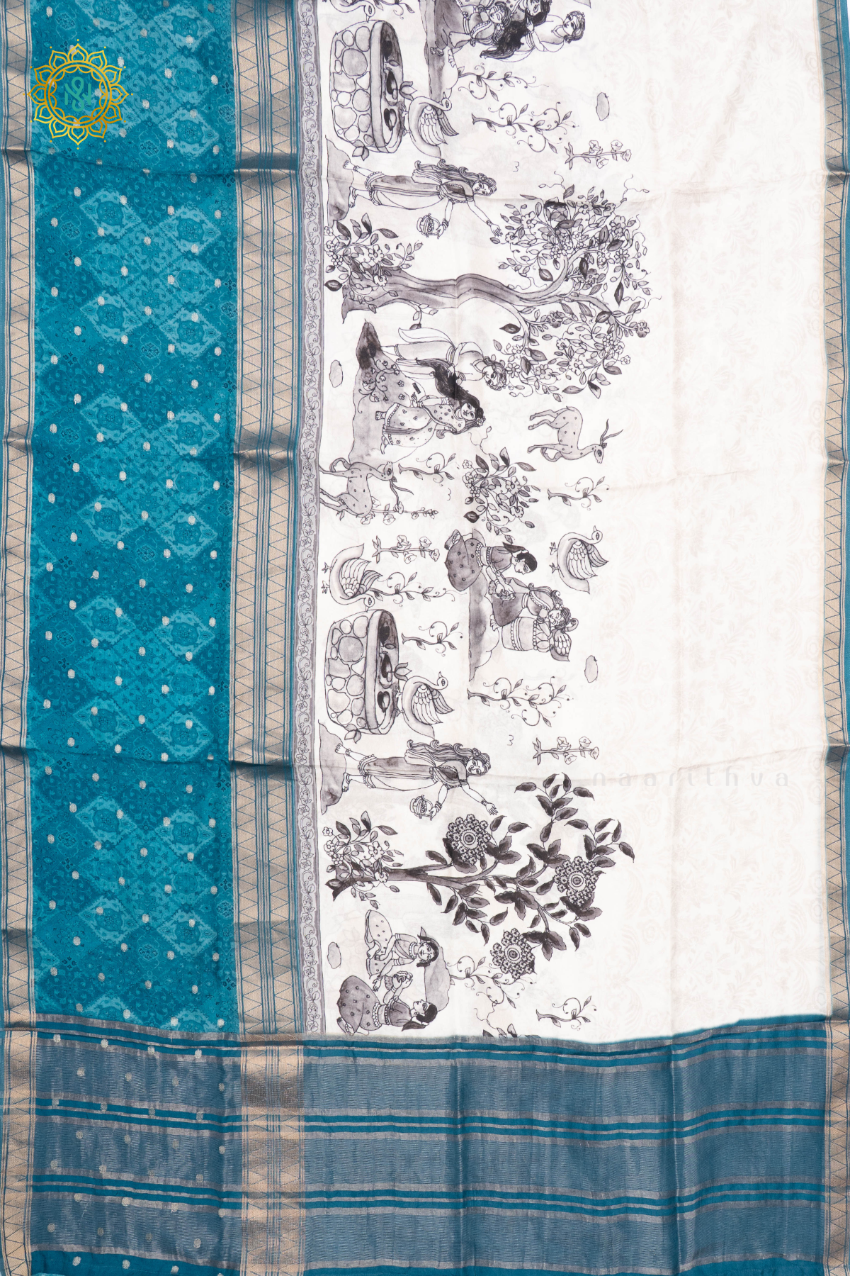 WHITE WITH SKY BLUE - SEMI CREPE SILK