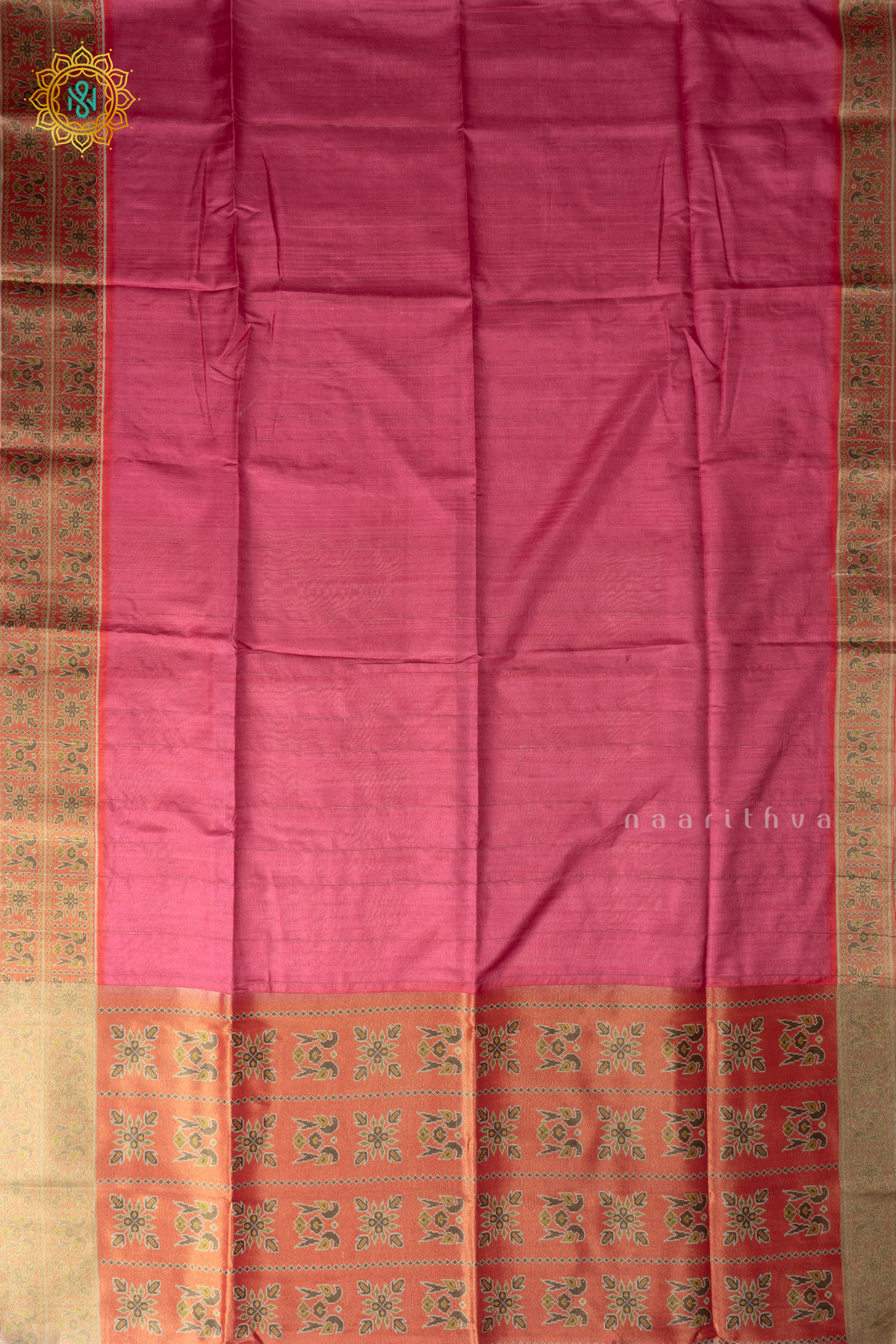Pink With Orange Semi Tussar Silk Saree With Plain Body And Contrast Patola Border