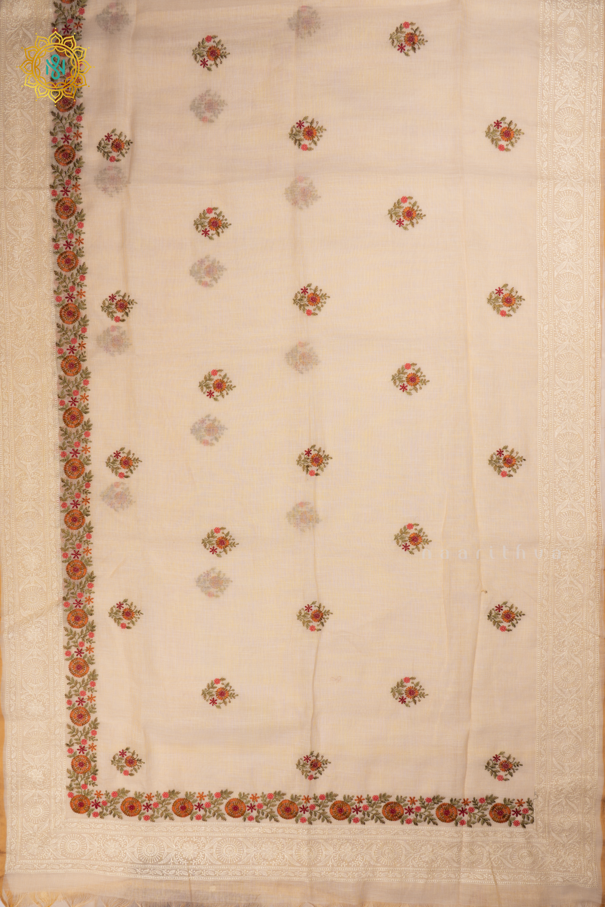 Off white Linen Tissue Saree with All-Over Embroidered Buttas on the Body, Featuring an Embroidery Border and Pallu