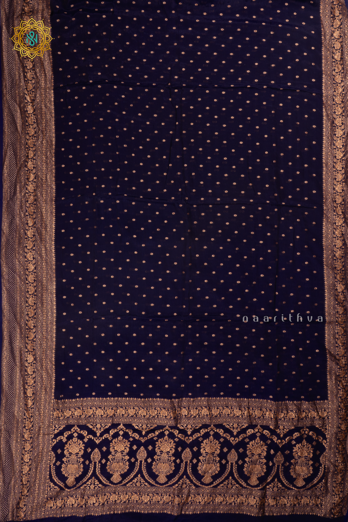Navy Blue Semi Banarasi Crepe Silk Saree with All-Over Zari Buttas and a Zari Border