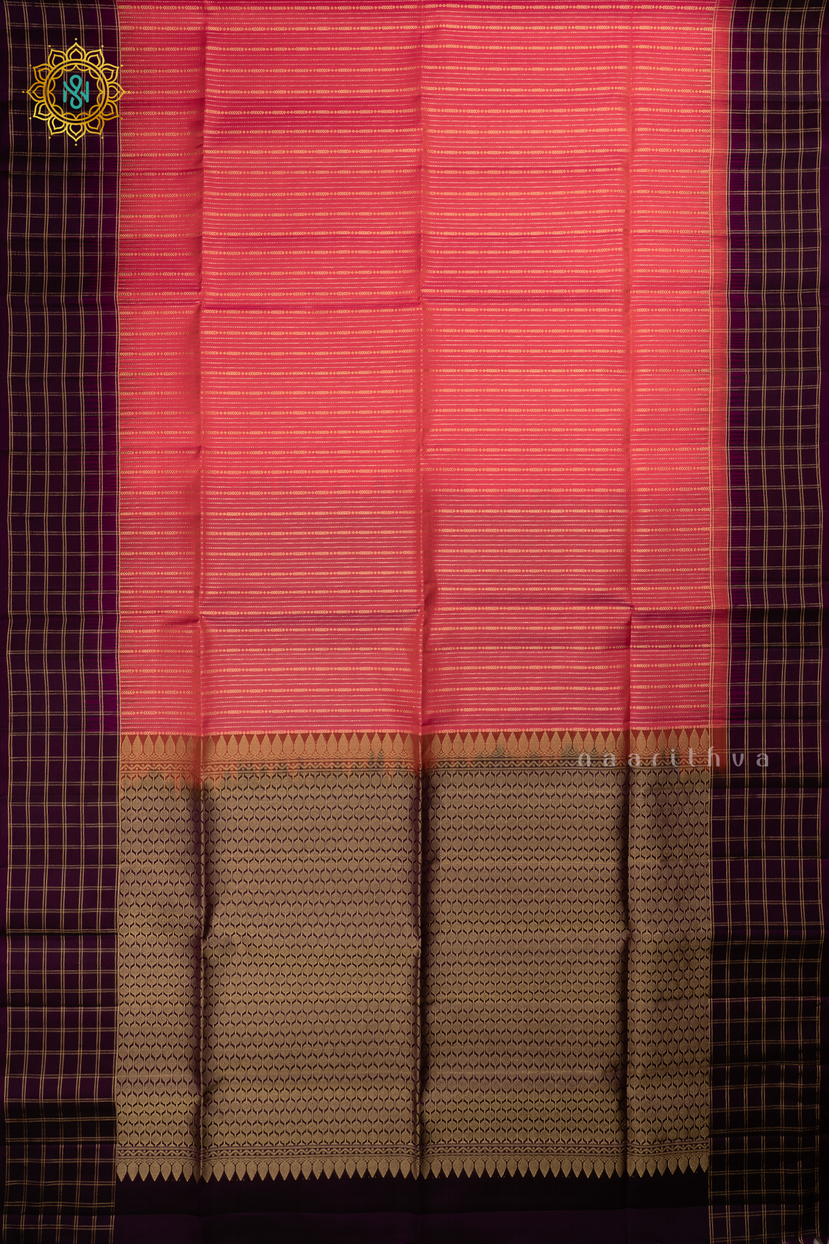 Pink with Purple Pure Kanjivaram Soft Silk Saree With Allover Zari Stripes and Contrast Zari Checks Border