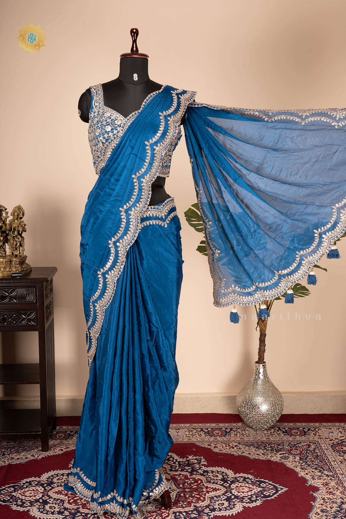 BLUE - CHINNON DESIGNER WEAR WITH READYMADE BLOUSE