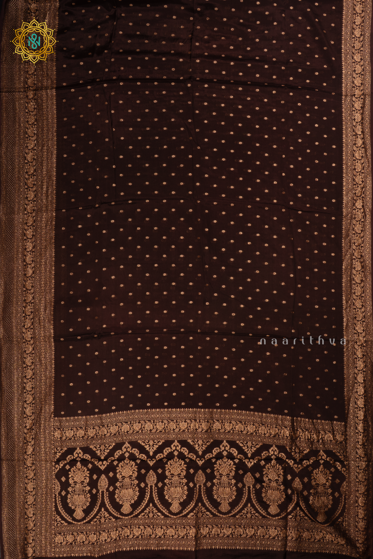 Brown Semi Banarasi Crepe Silk Saree with All-Over Zari Buttas and a Zari Border