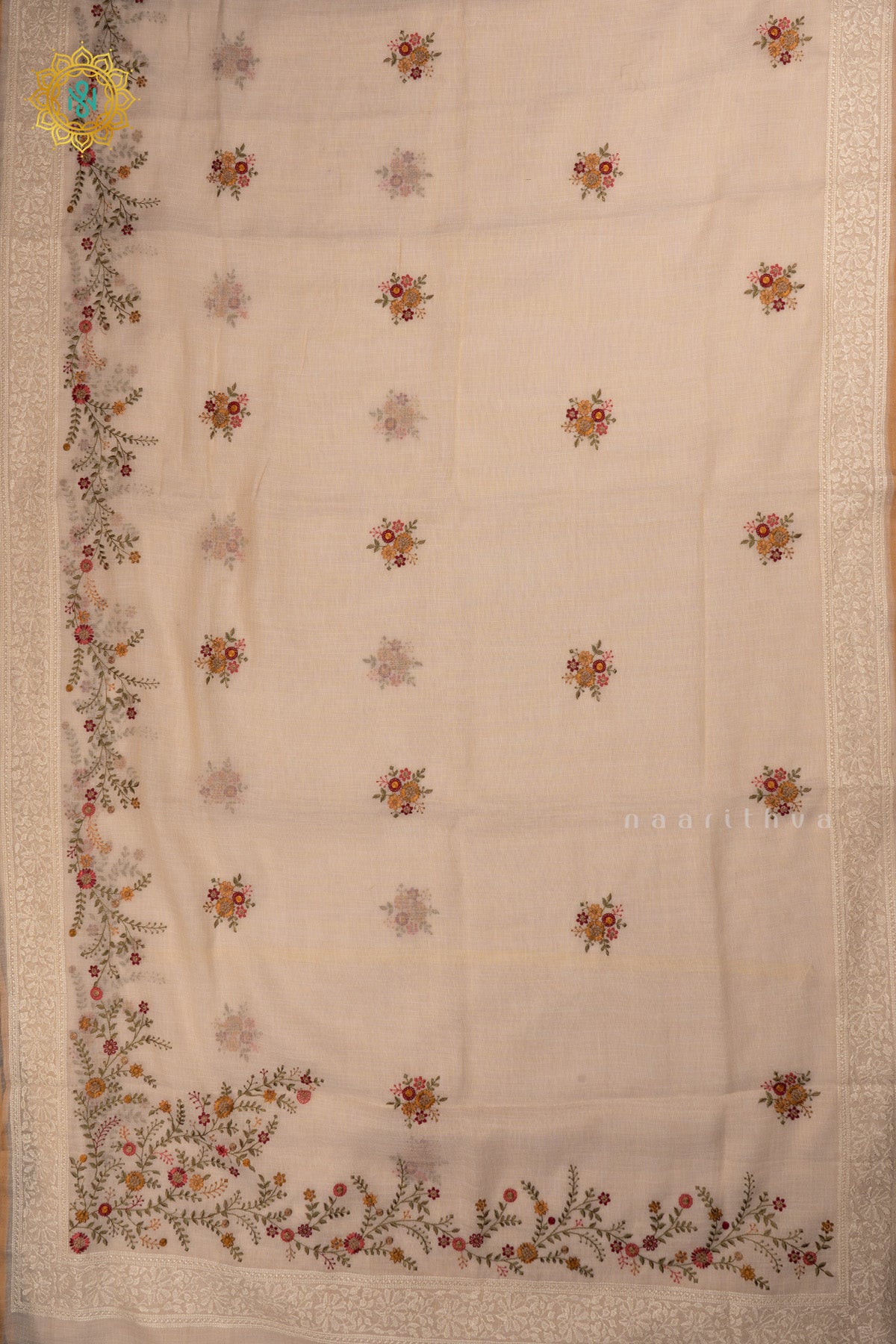 Off white Linen Tissue Saree with All-Over Embroidered Buttas on the Body, Featuring an Embroidery Border and Pallu
