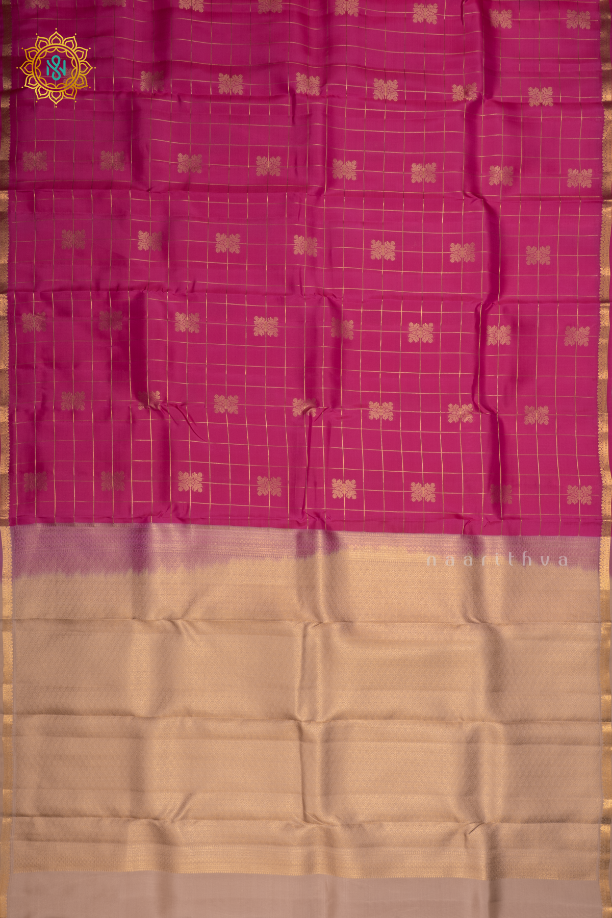 Rani Pink Semi Kanchi Silk Saree with Zari Checks and Buttas All Over With Zari Border