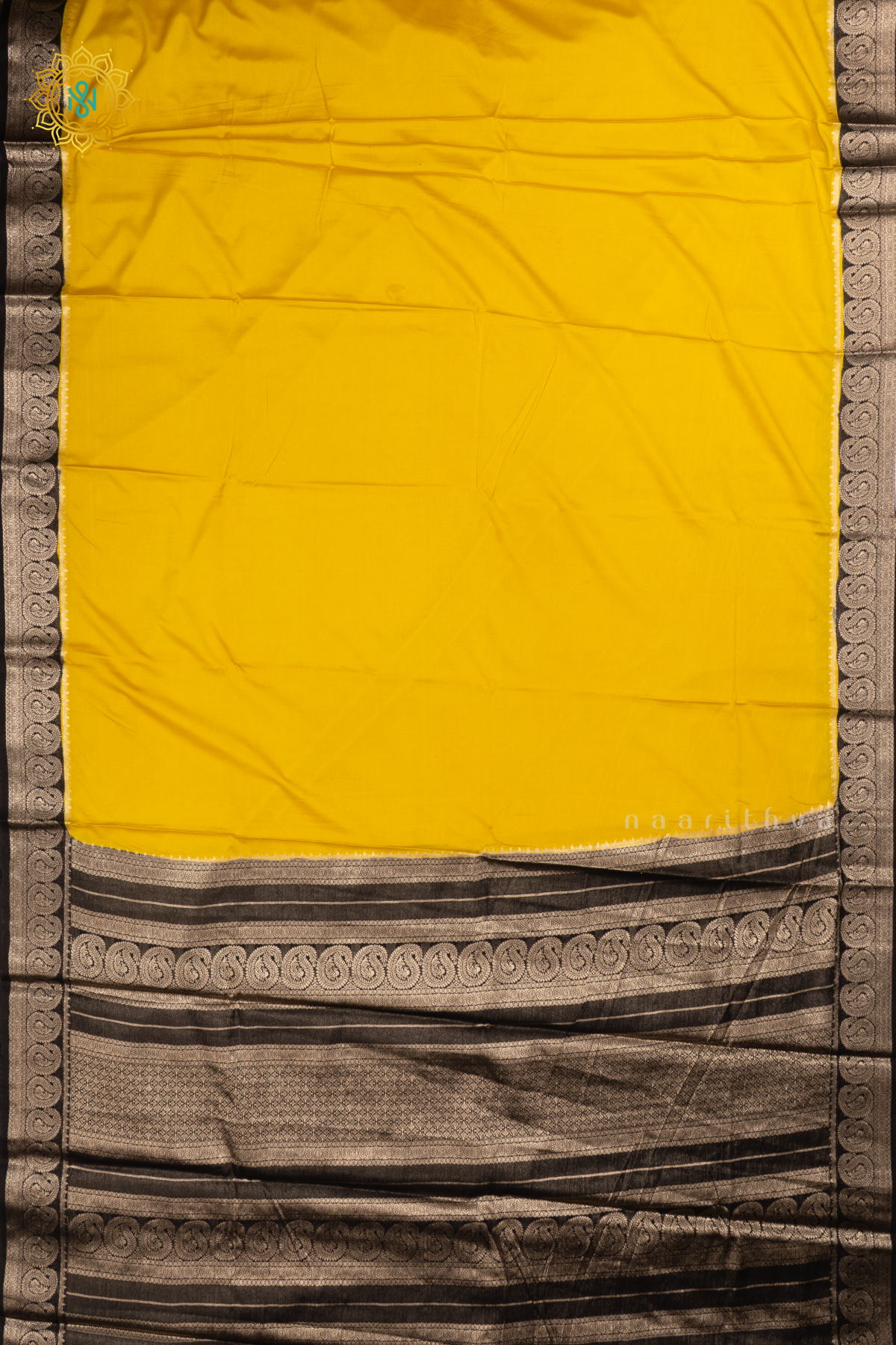 Yellow With Black Semi Mysore Crepe Saree With Plain Body And Contrast Mango Zari Border