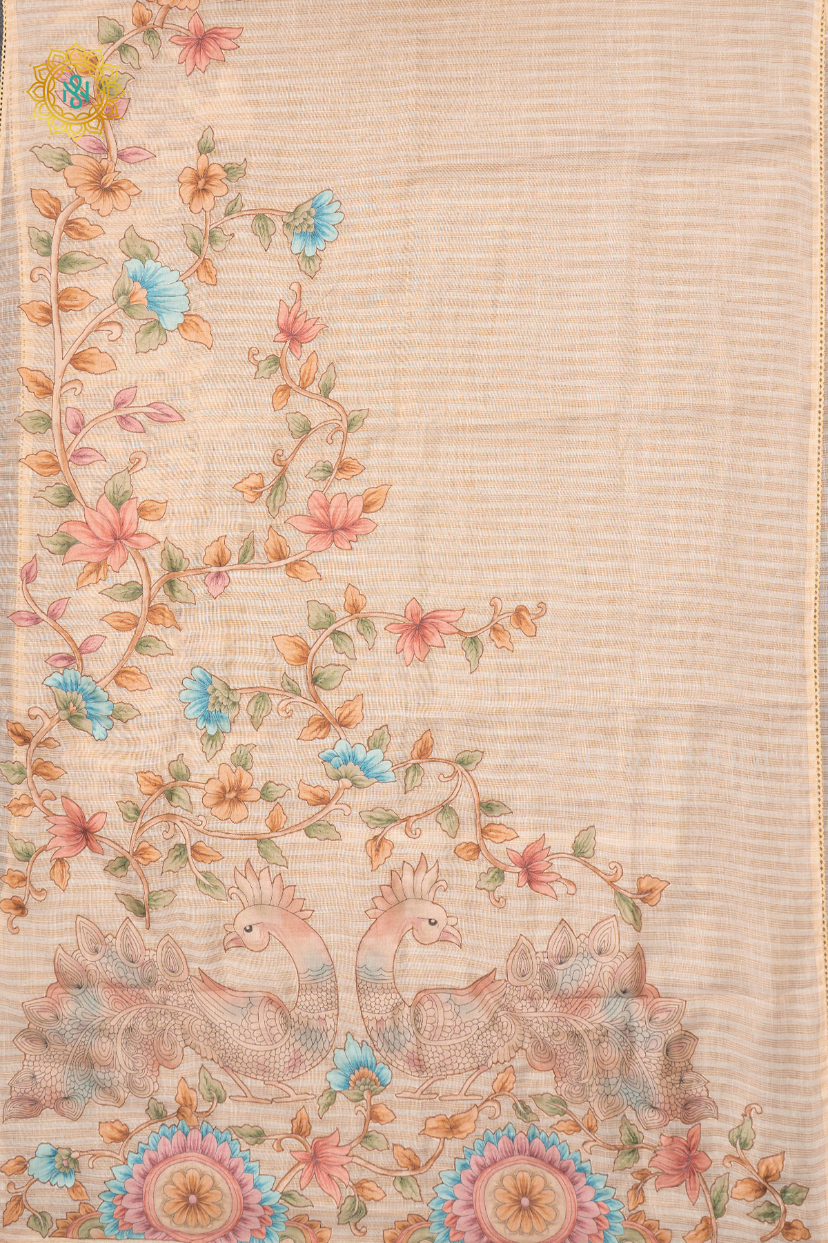 OFF WHITE WITH AQUA GREEN - LINEN TISSUE WITH APPLIQUE WORK