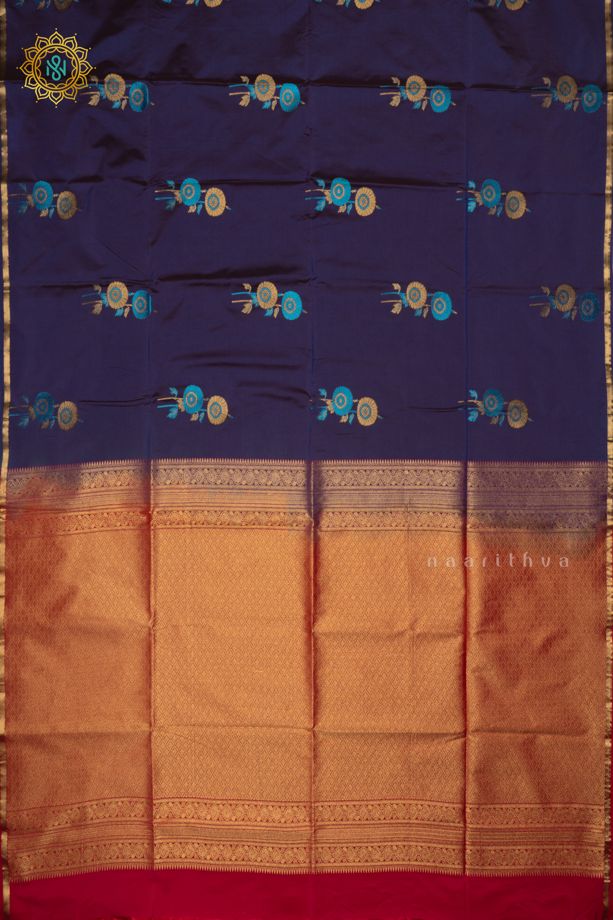 NAVY BLUE WITH RED - SEMI SOFT SILK SAREE ALLOVER ZARI BUTTAS AND CONTRAST GAP BORDER