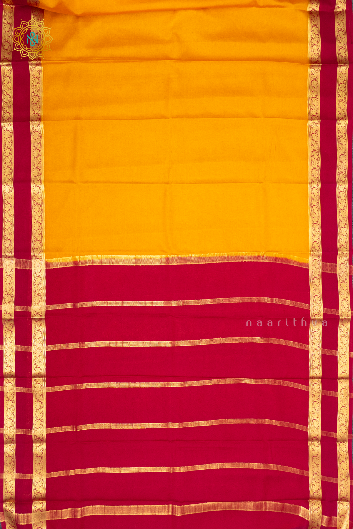 YELLOW WITH RED - PURE MYSORE CREPE SILK