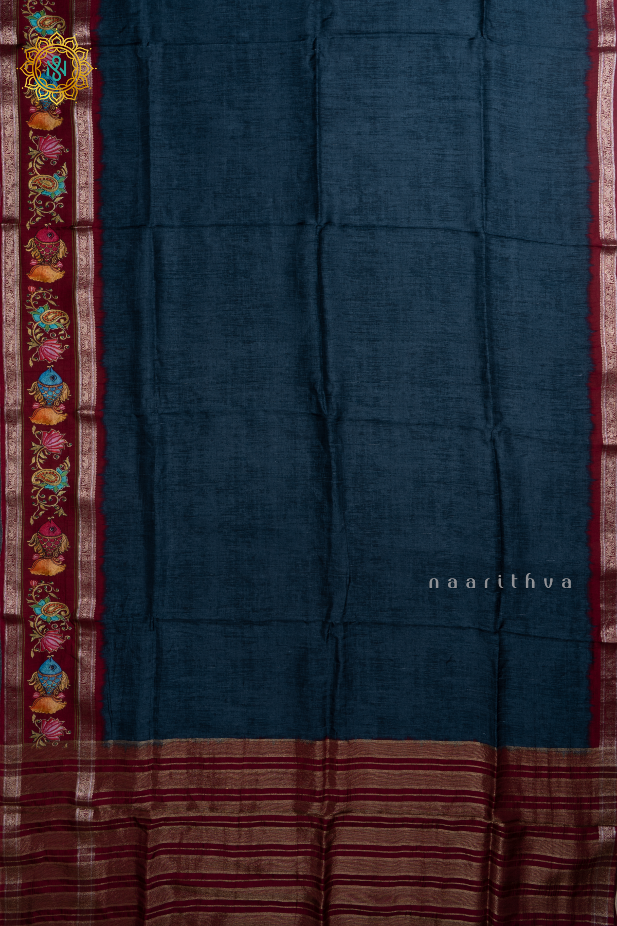 Blue With Maroon Printed Semi Crepe Silk With Contrast Border, Pallu