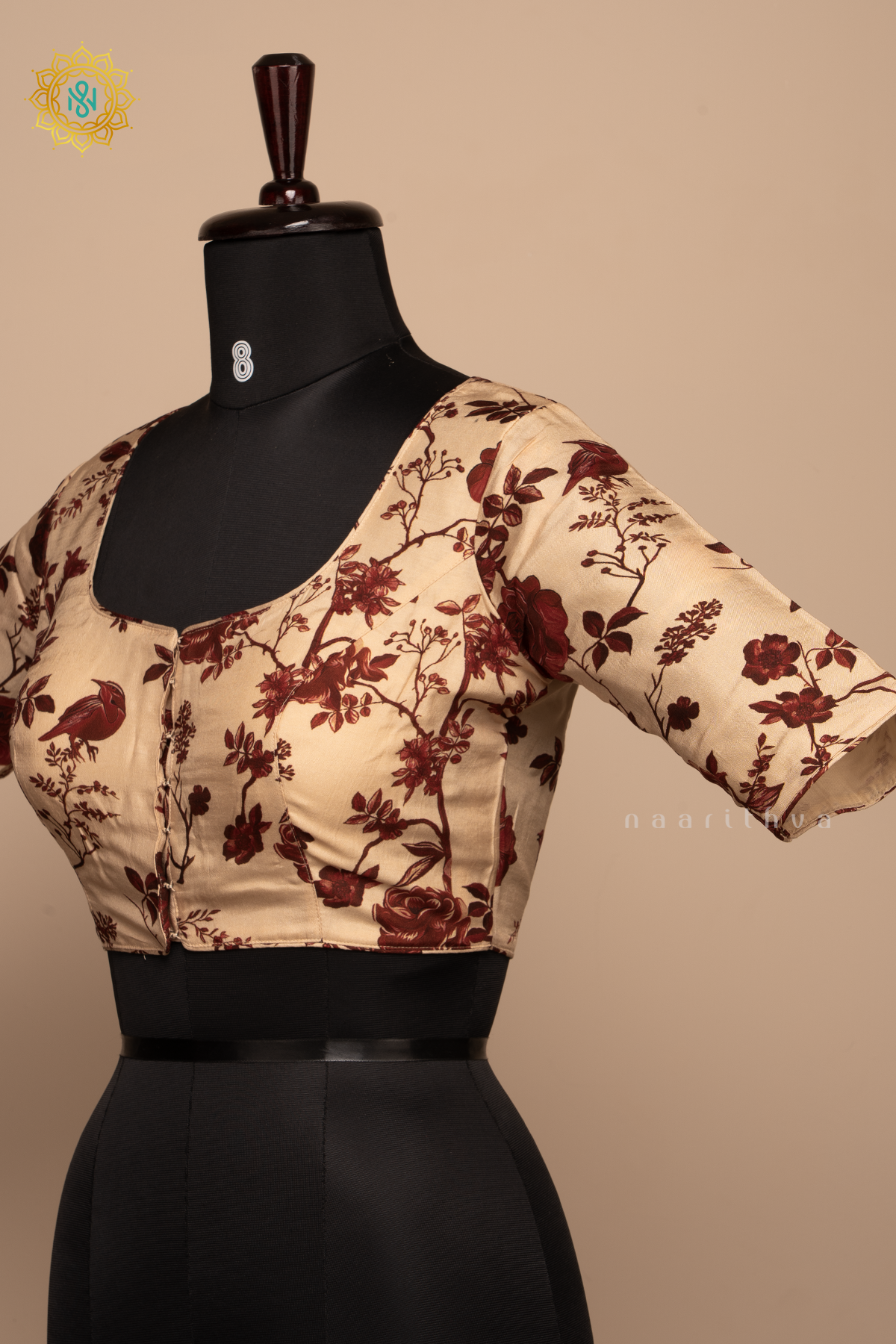 Beige With Maroon - Dola Silk Readymade Blouse With Floral Prints