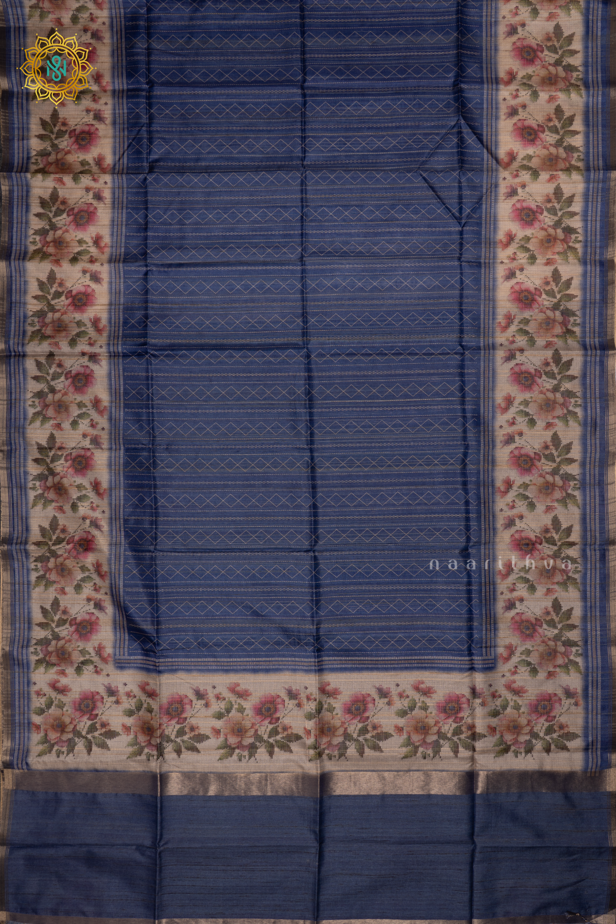 Blue Semi Tussar Silk Saree With Printed Body And Printed Border