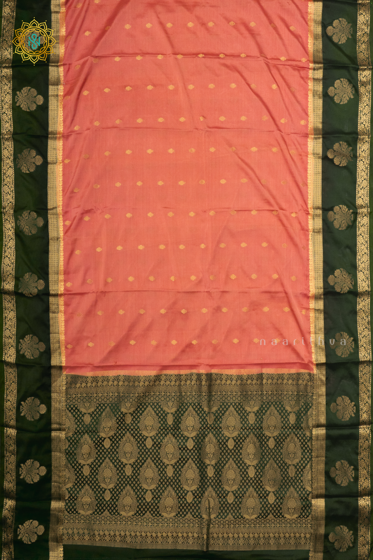 PEACH WITH BOTTLE GREEN - SEMI MYSORE CREPE SILK