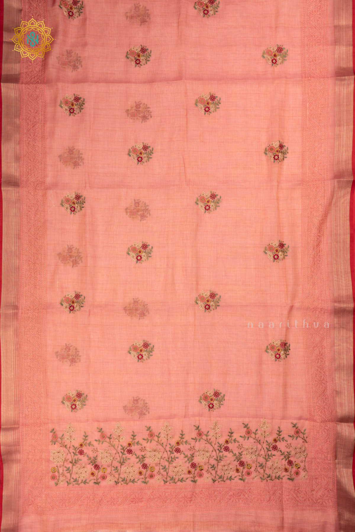 Peach - Linen Tissue Saree Allover Thread Work Buttas with Tissue Border