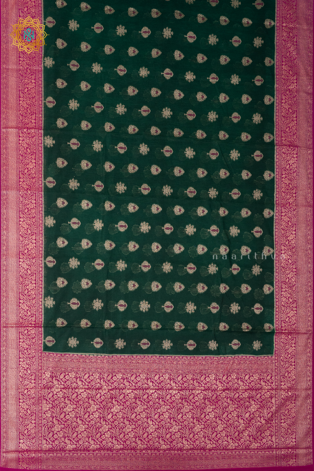 BOTTLE GREEN WITH PINK - JUTE COTTON