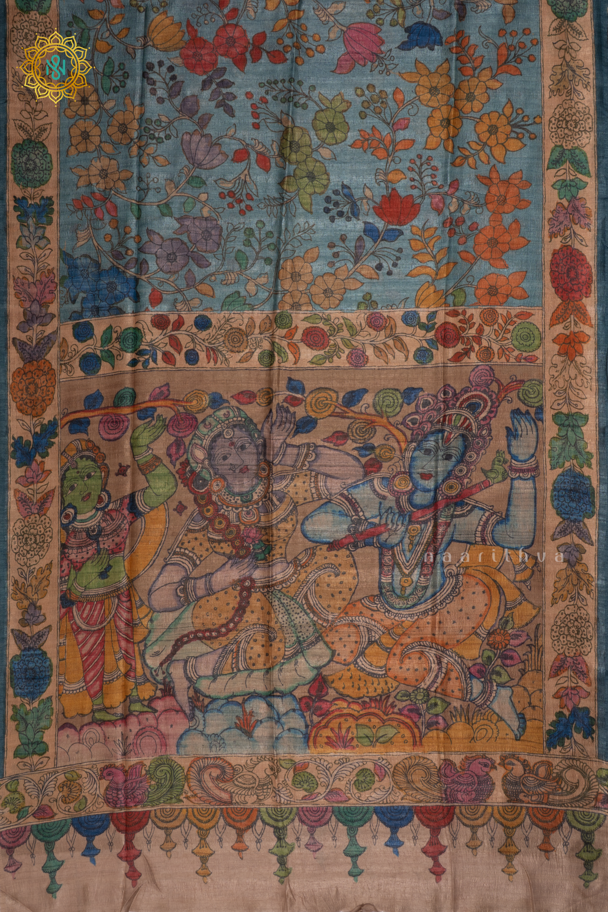 Blue With Beige Semi Gicha Tussar Saree With Kalamkari Printed Body, Pallu And Blouse