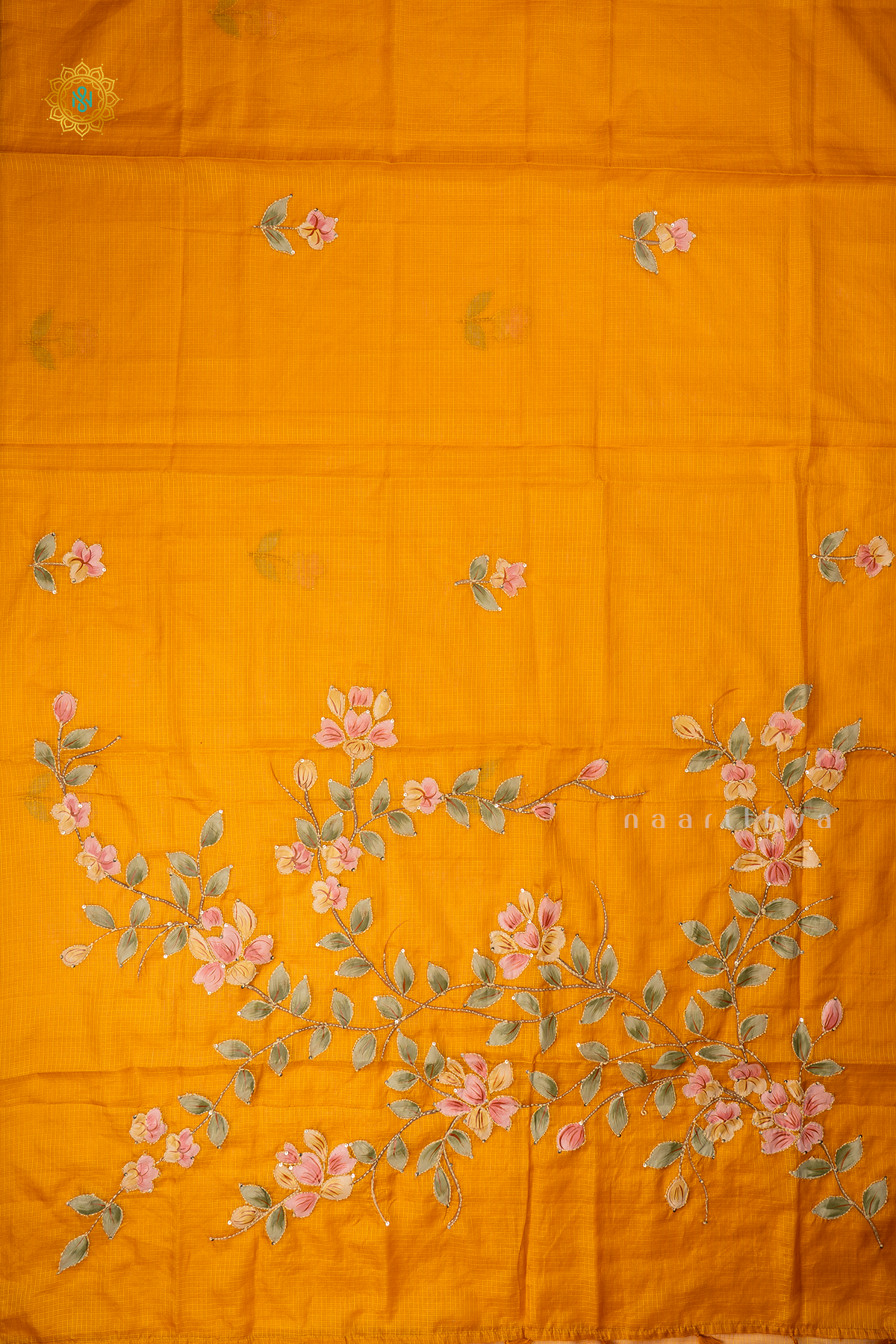 Yellow Kota Organza With Hand-Painted And Katha Work On The Body