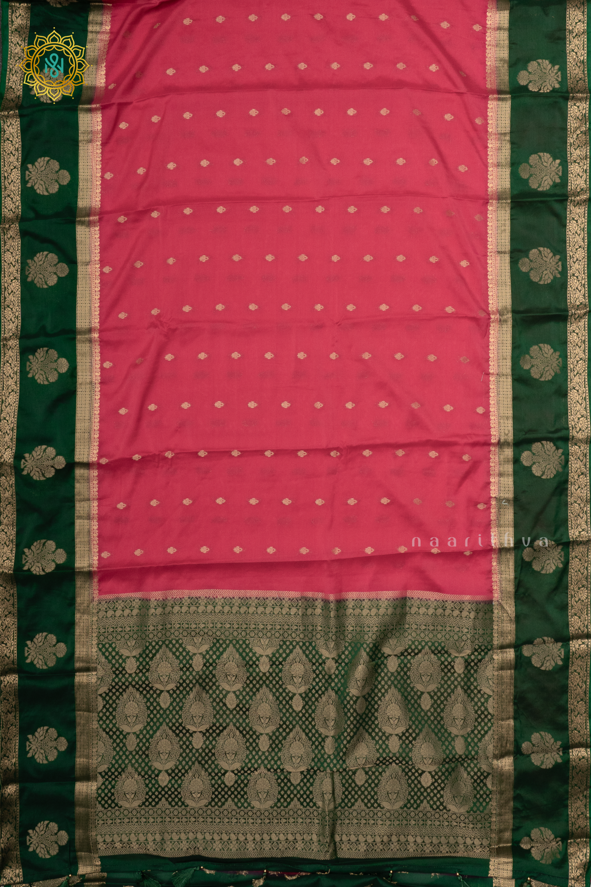 PINK WITH BOTTLE GREEN - SEMI MYSORE CREPE SILK