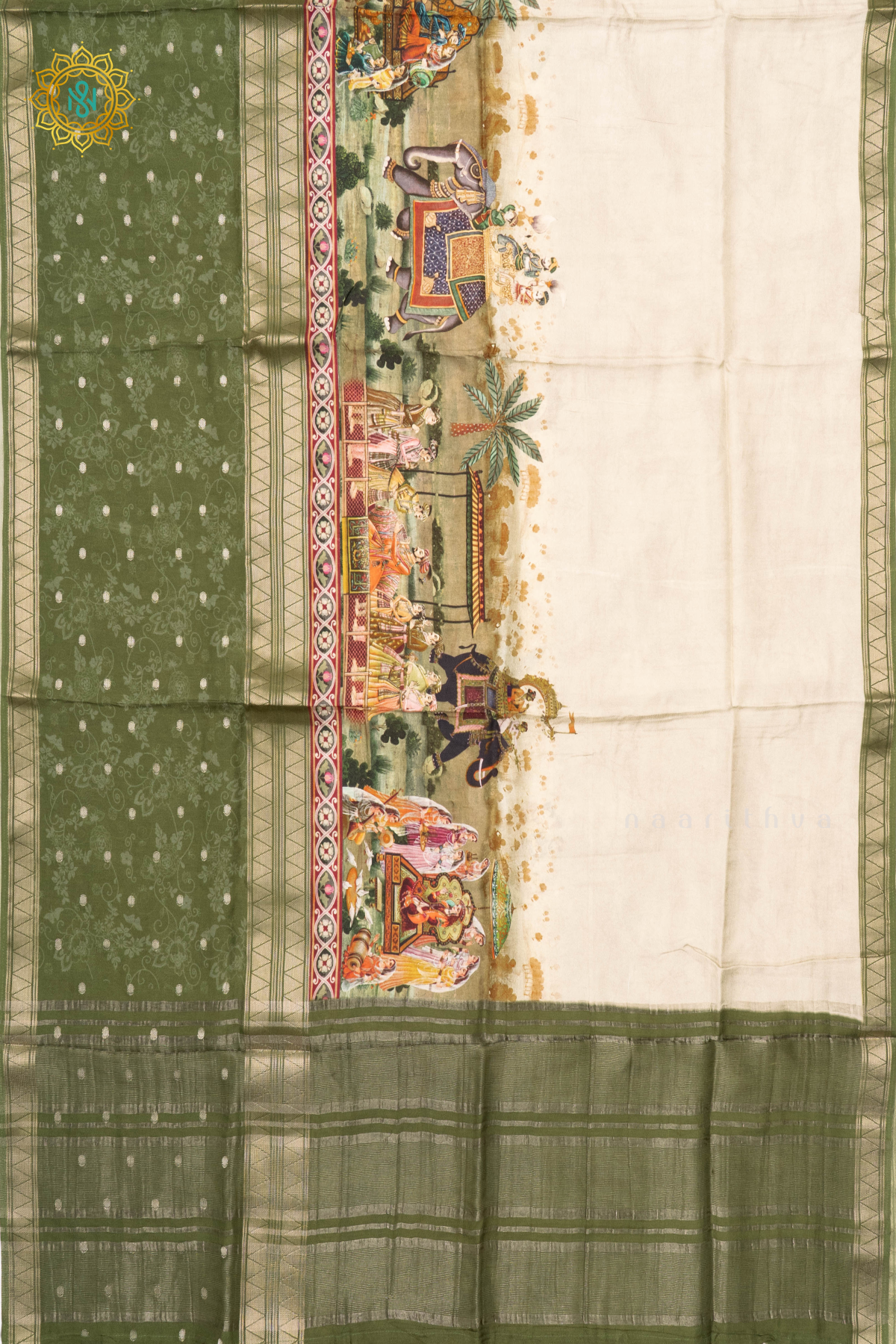 OFF WHITE WITH GREEN - SEMI CREPE SILK