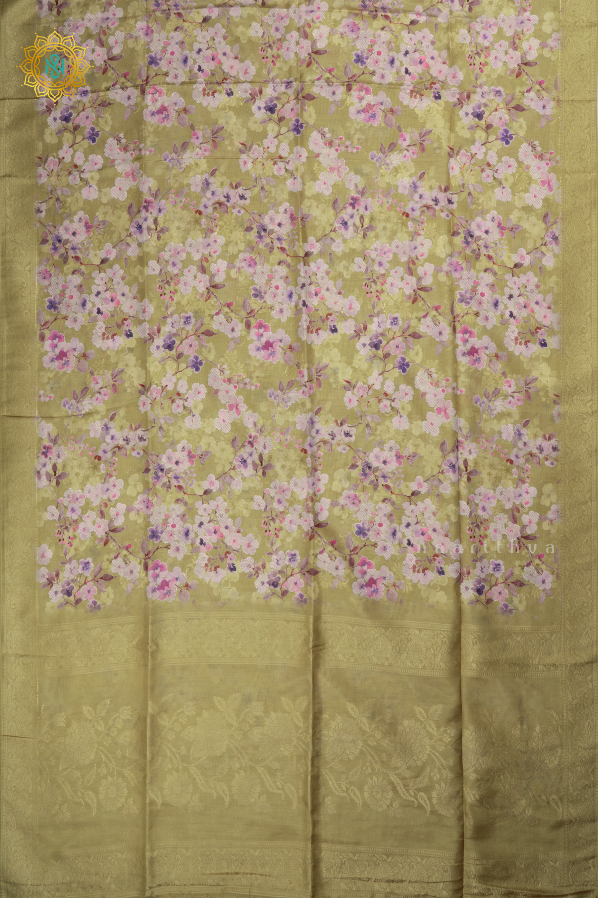 Light Green Semi Crepe Silk Saree with Printed Body, Zari Border, and Zari Pallu