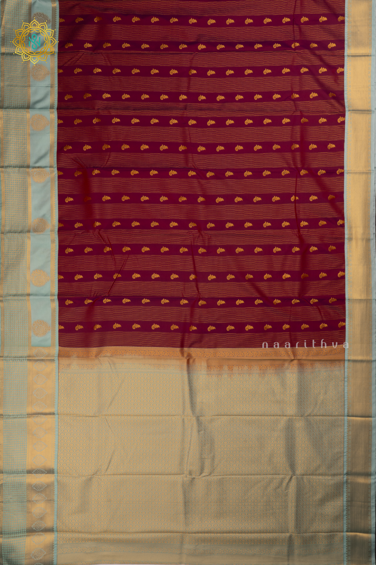 Magenta With Aqua Green Semi Kanchi Saree With Zari Buttas All Over And Contrast Zari Border