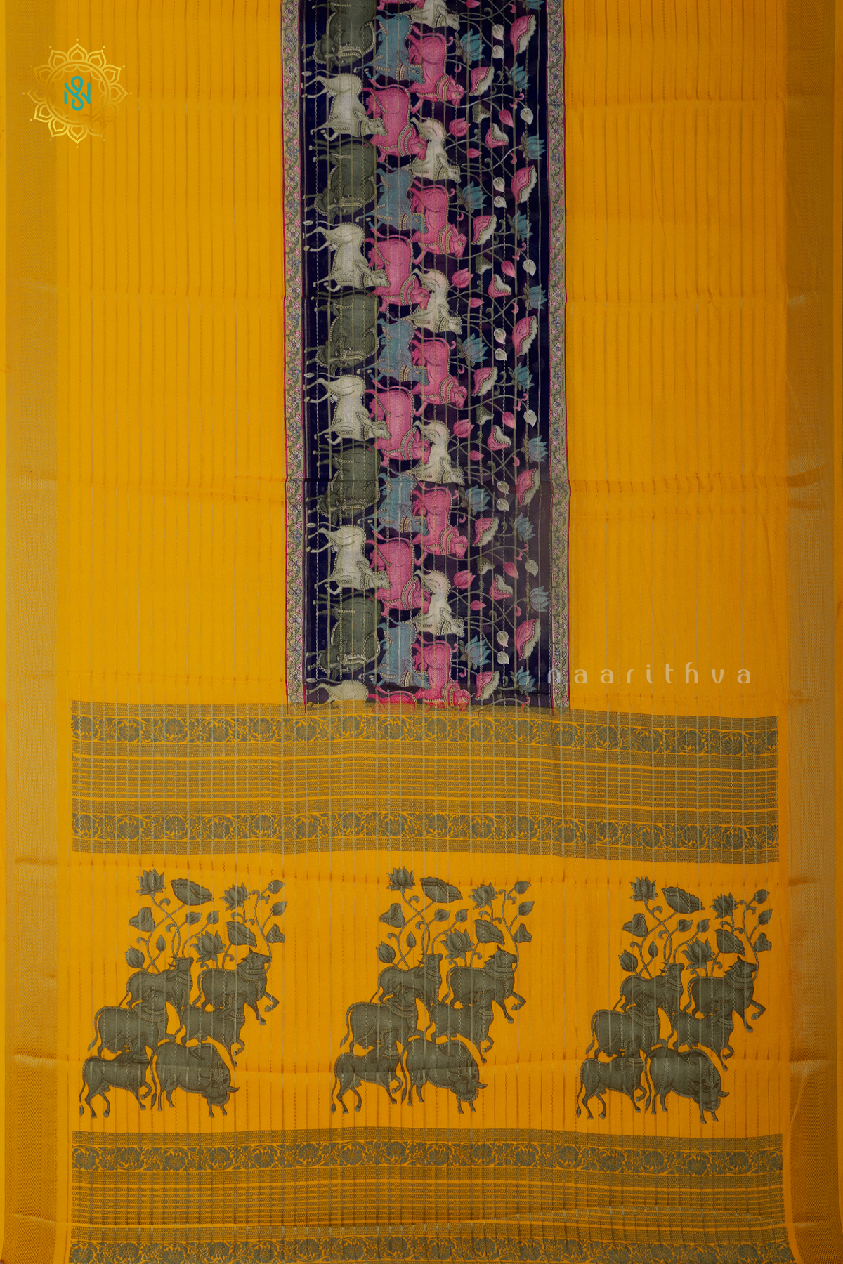 NAVY BLUE WITH YELLOW - SEMI GEORGETTE
