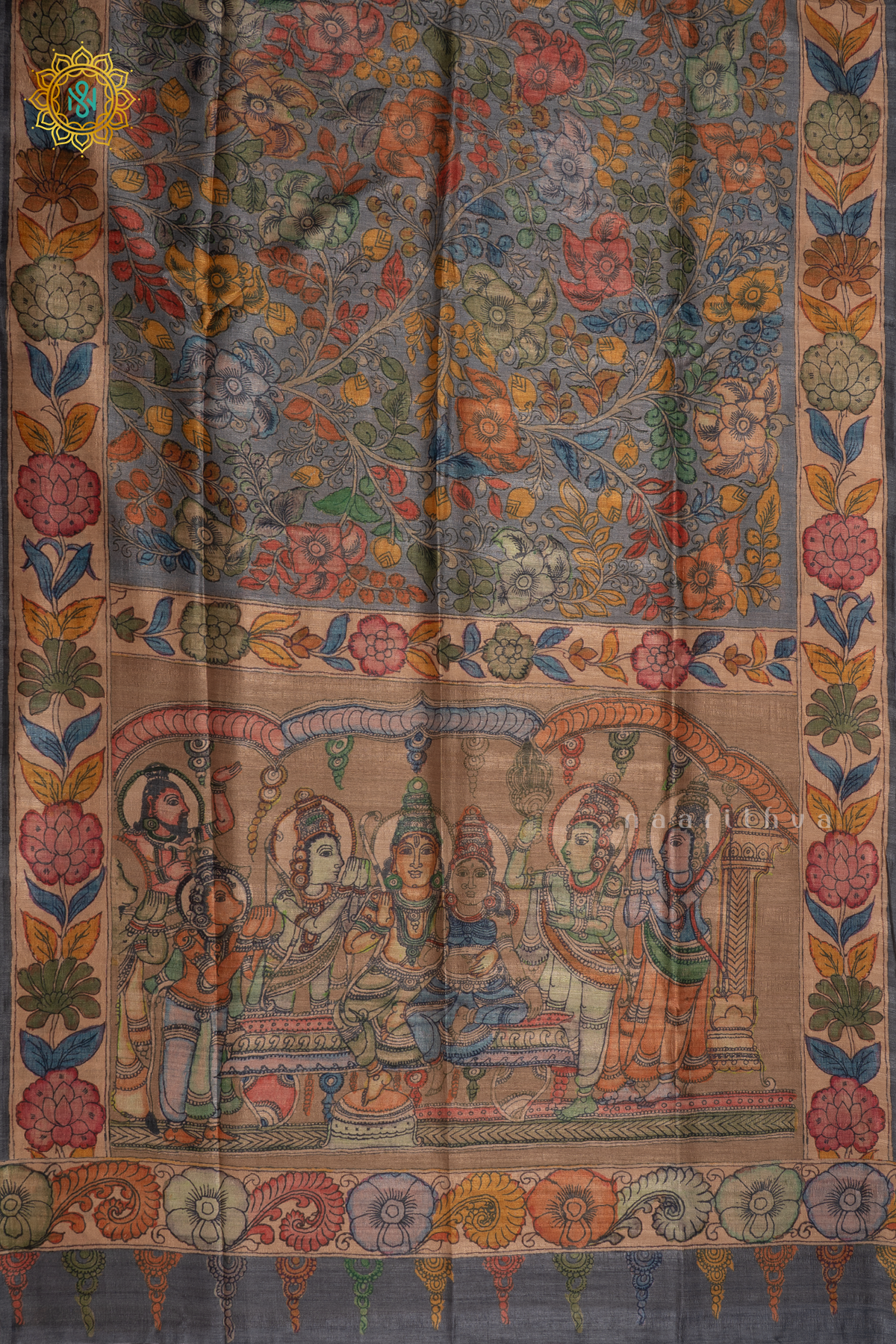 Light Blue With Beige - Semi Gicha Tussar Saree Allover Kalamkari Printed Body With Pallu And Blouse