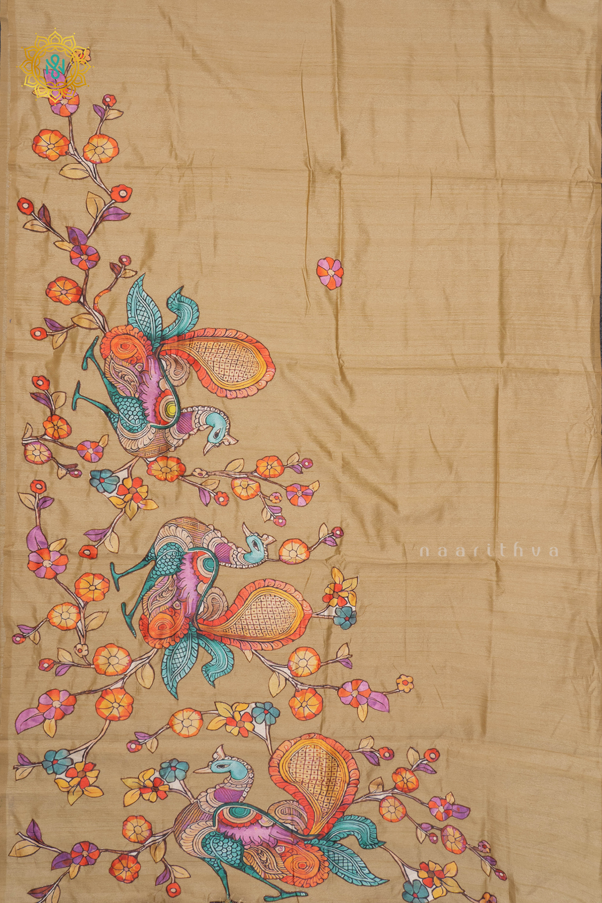 BEIGE WITH OFF WHITE - SEMI TUSSAR WITH APPLIQUE WORK