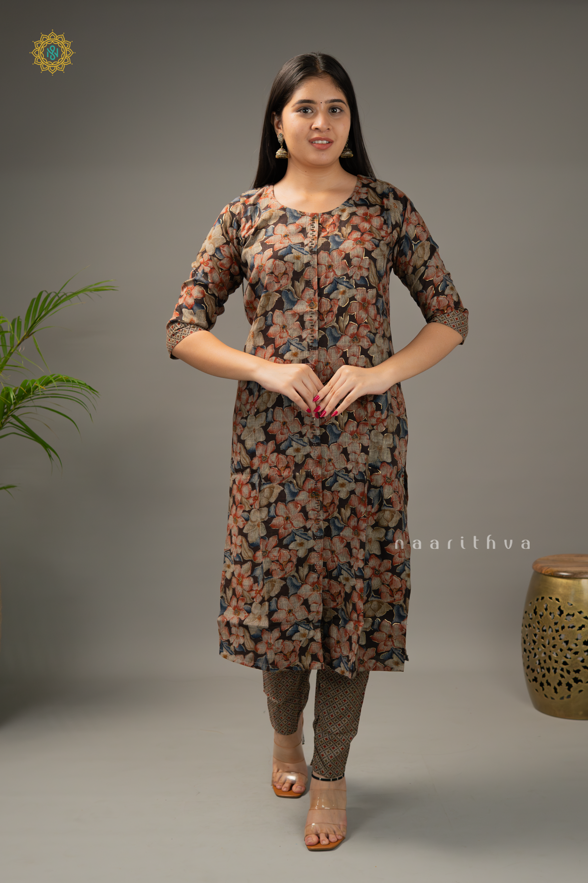 BROWN - COTTON 3PC SALWAR SUIT WITH FLORAL PRINTED TOP & BOTTOM