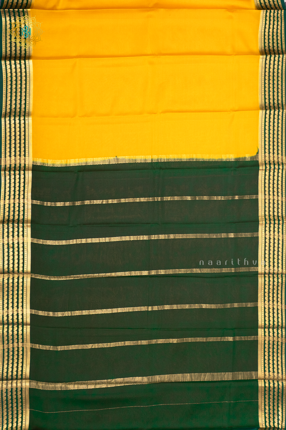YELLOW WITH GREEN - PURE MYSORE CREPE SILK